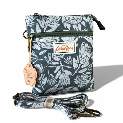 Cotton Road Sling Bag: GREEN Canvas Mini Sling Bag with PROTEAS