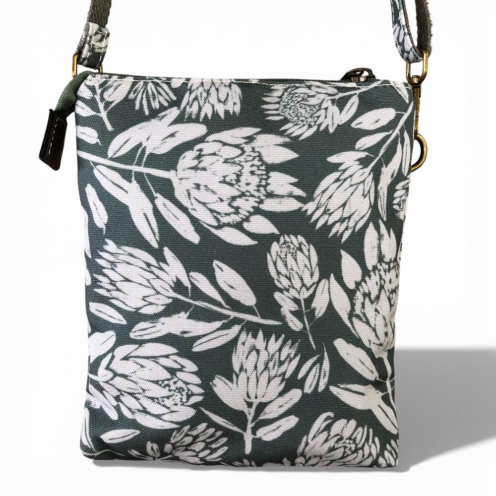 Cotton Road Sling Bag: GREEN Canvas Mini Sling Bag with PROTEAS