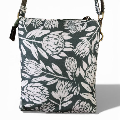 Cotton Road Sling Bag: GREEN Canvas Mini Sling Bag with PROTEAS