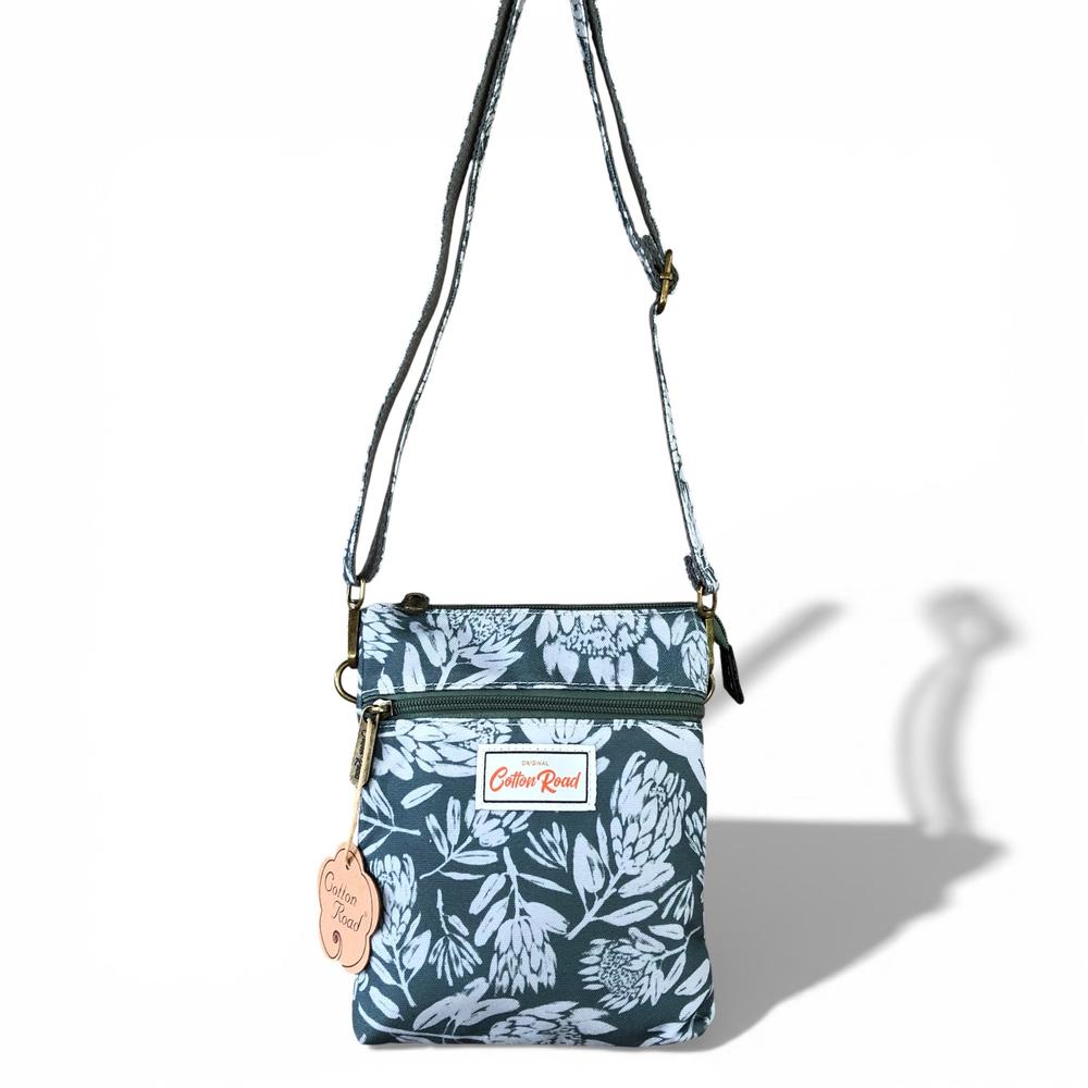 Cotton Road Sling Bag: GREEN Canvas Mini Sling Bag with PROTEAS