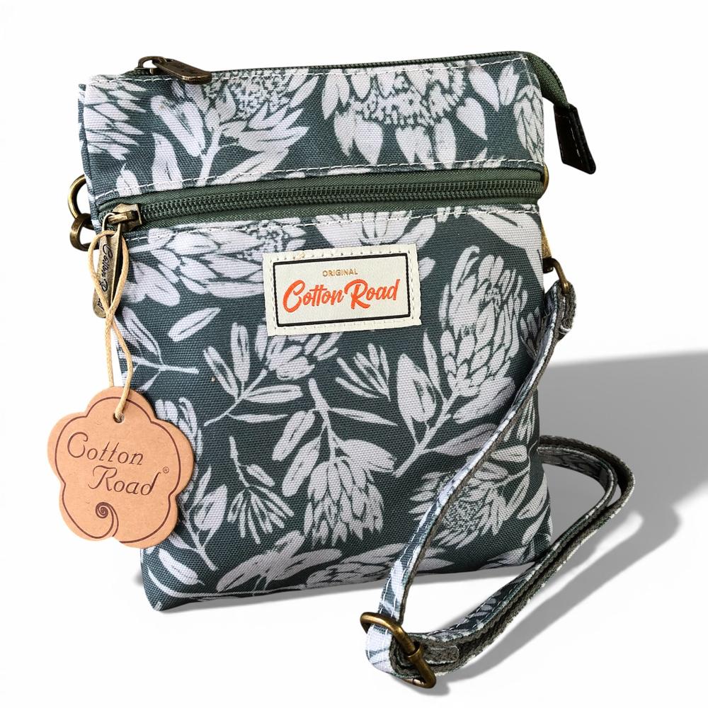 Cotton Road Sling Bag: GREEN Canvas Mini Sling Bag with PROTEAS