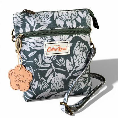 Cotton Road Sling Bag: GREEN Canvas Mini Sling Bag with PROTEAS