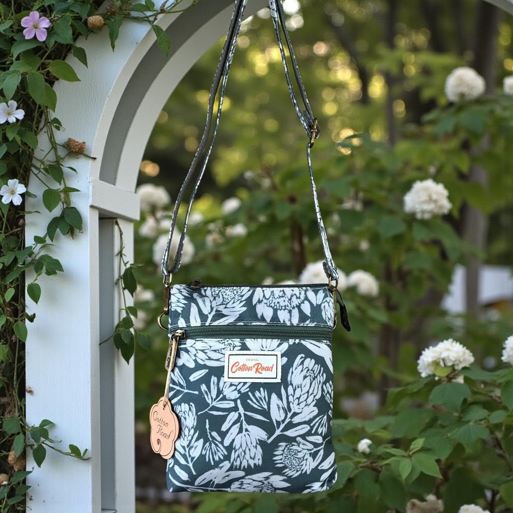 Cotton Road Sling Bag: GREEN Canvas Mini Sling Bag with PROTEAS