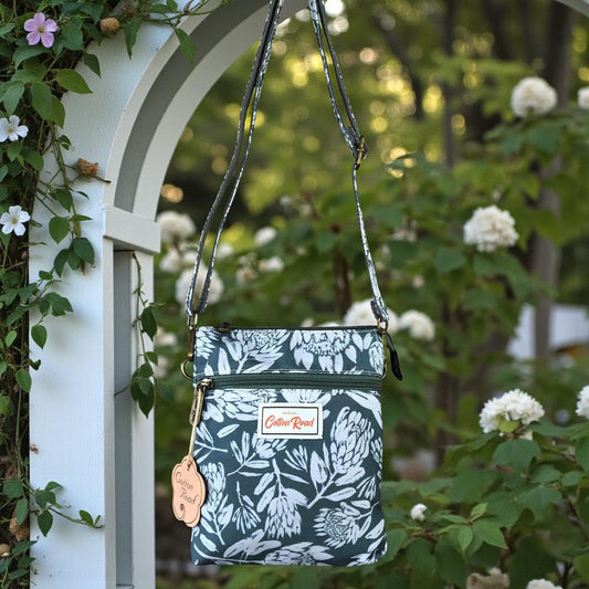 Cotton Road Sling Bag: GREEN Canvas Mini Sling Bag with PROTEAS