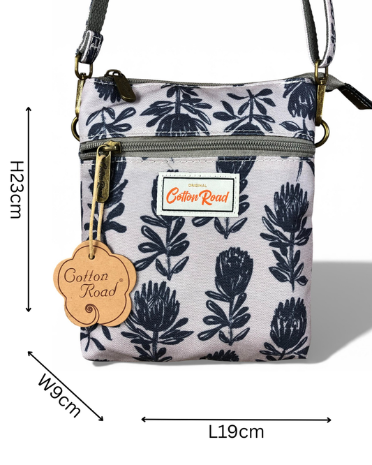 Cotton Road Sling Bag: GREY Canvas Mini Sling Bag with PROTEAS