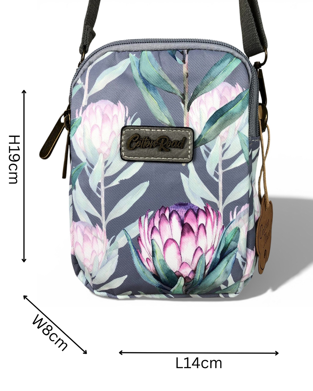 Cotton Road Sling Bag: GREY Canvas Mini Sling Bag with PROTEAS