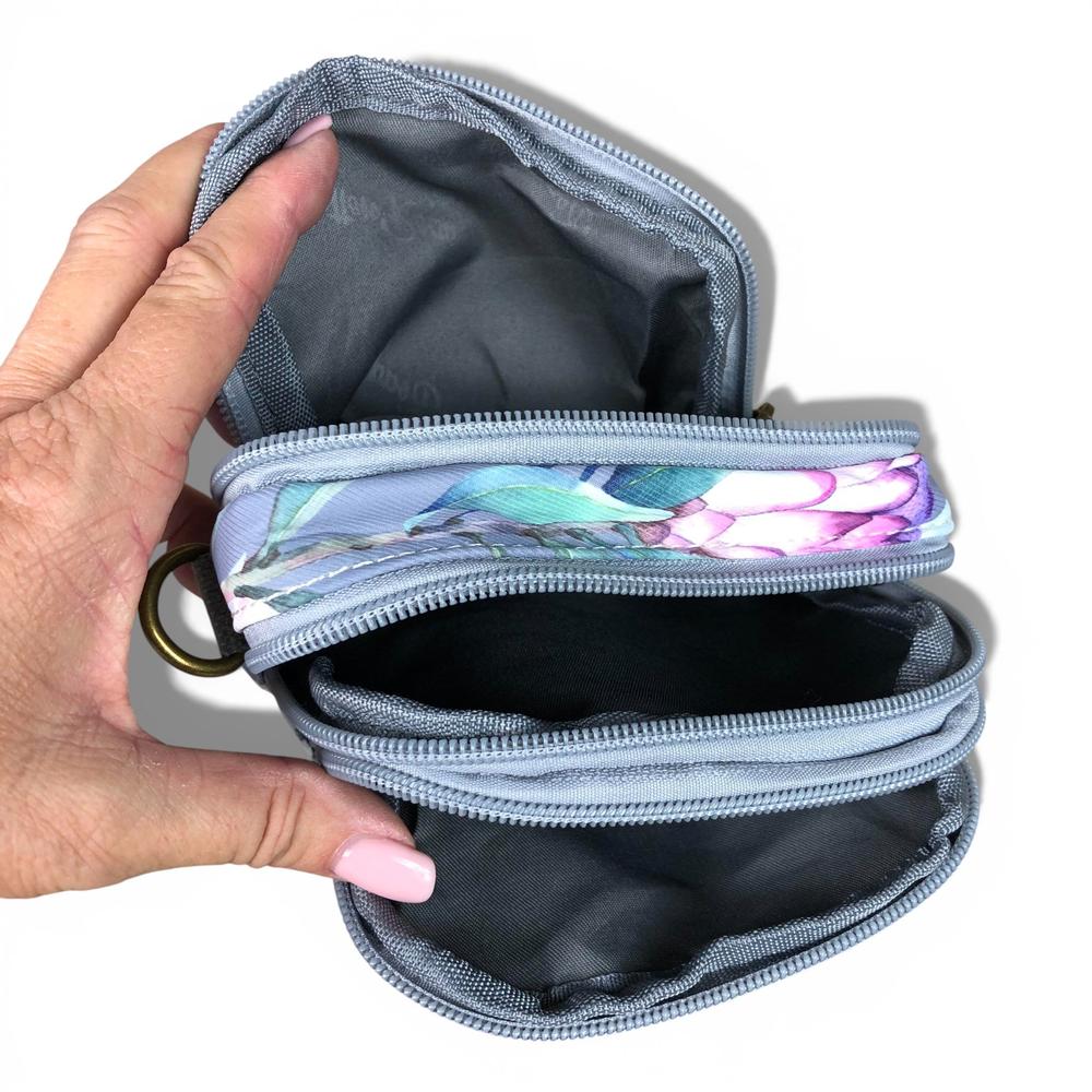 Cotton Road Sling Bag: GREY Canvas Mini Sling Bag with PROTEAS