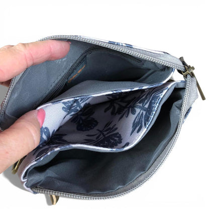 Cotton Road Sling Bag: GREY Canvas Mini Sling Bag with PROTEAS