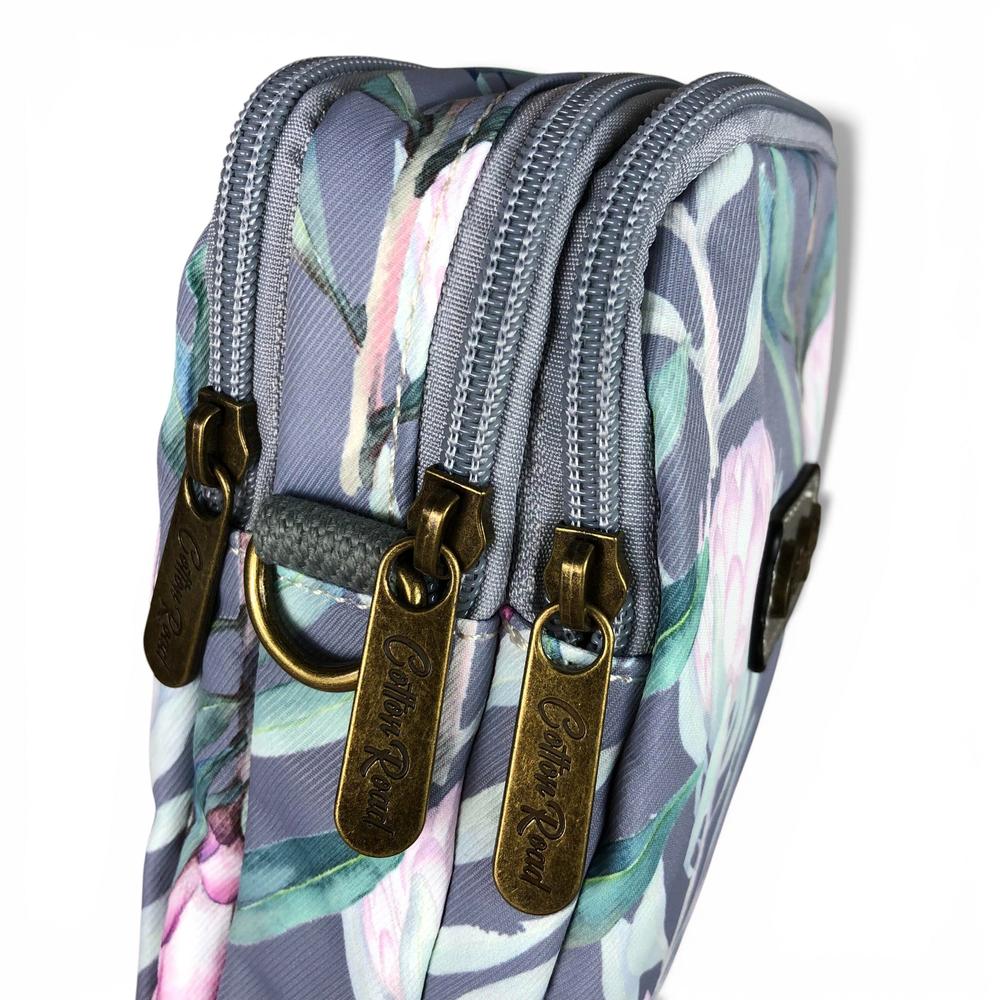 Cotton Road Sling Bag: GREY Canvas Mini Sling Bag with PROTEAS