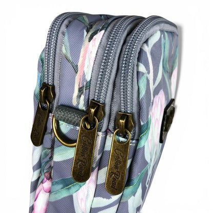 Cotton Road Sling Bag: GREY Canvas Mini Sling Bag with PROTEAS
