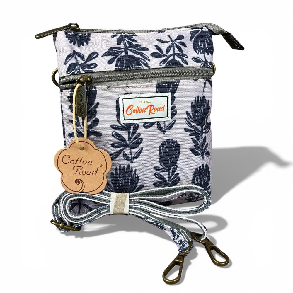 Cotton Road Sling Bag: GREY Canvas Mini Sling Bag with PROTEAS