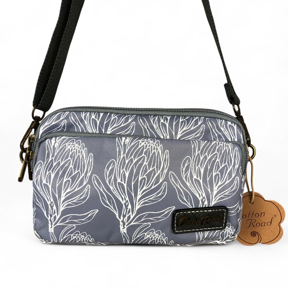 Cotton Road Sling Bag: GREY Canvas Mini Sling Bag with PROTEAS