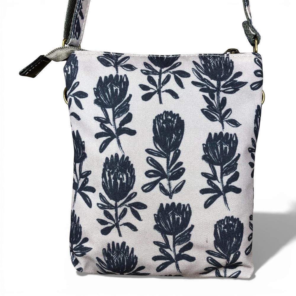 Cotton Road Sling Bag: GREY Canvas Mini Sling Bag with PROTEAS