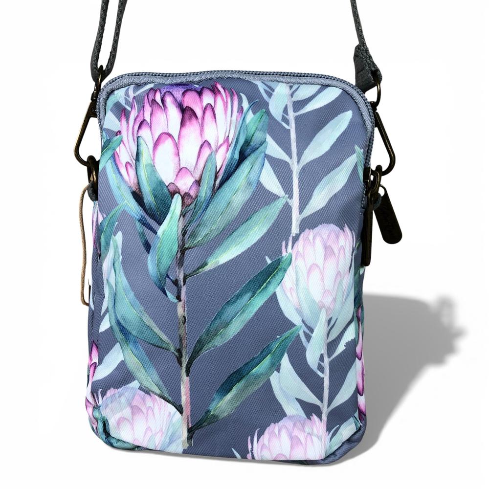 Cotton Road Sling Bag: GREY Canvas Mini Sling Bag with PROTEAS