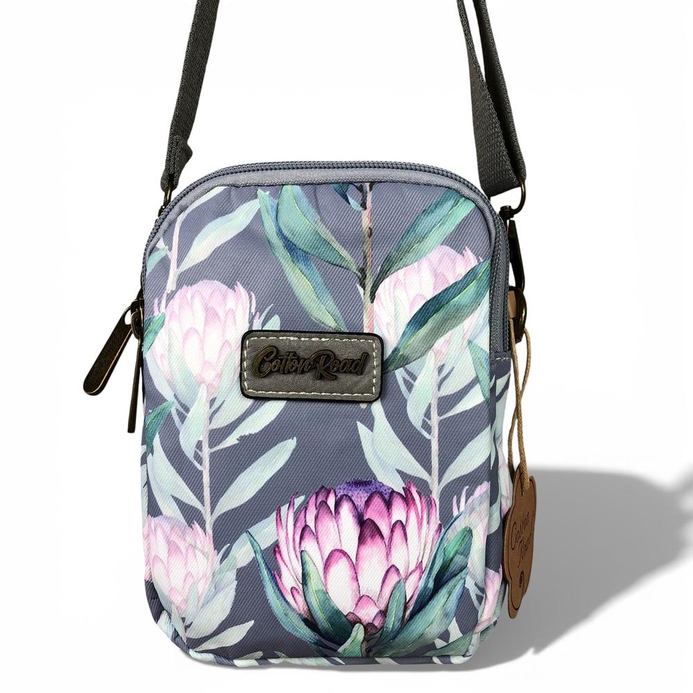 Cotton Road Sling Bag: GREY Canvas Mini Sling Bag with PROTEAS