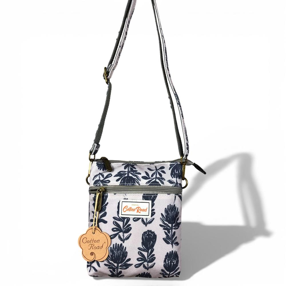 Cotton Road Sling Bag: GREY Canvas Mini Sling Bag with PROTEAS