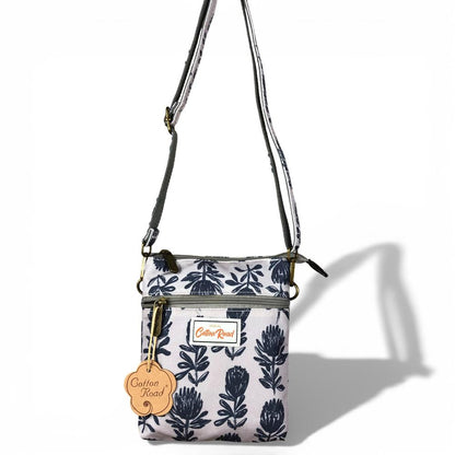 Cotton Road Sling Bag: GREY Canvas Mini Sling Bag with PROTEAS