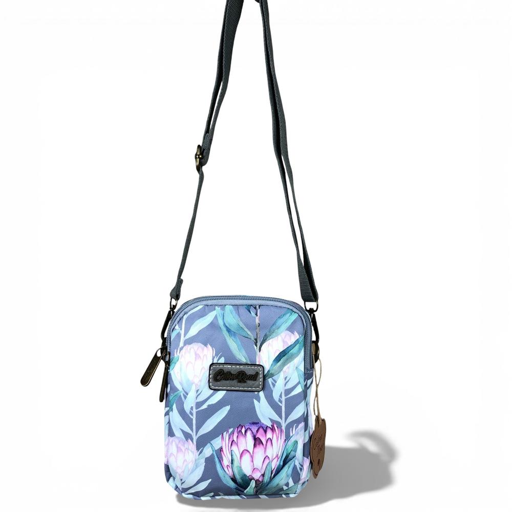 Cotton Road Sling Bag: GREY Canvas Mini Sling Bag with PROTEAS