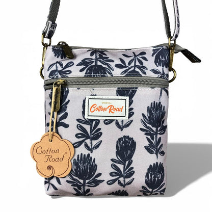 Cotton Road Sling Bag: GREY Canvas Mini Sling Bag with PROTEAS