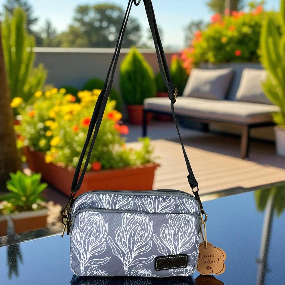 Cotton Road Sling Bag: GREY Canvas Mini Sling Bag with PROTEAS