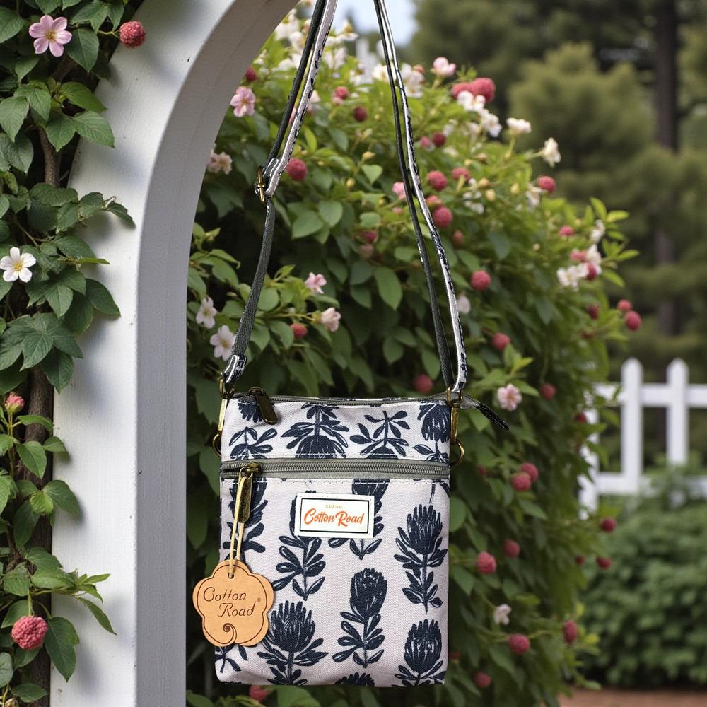 Cotton Road Sling Bag: GREY Canvas Mini Sling Bag with PROTEAS