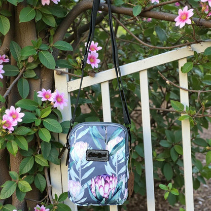 Cotton Road Sling Bag: GREY Canvas Mini Sling Bag with PROTEAS