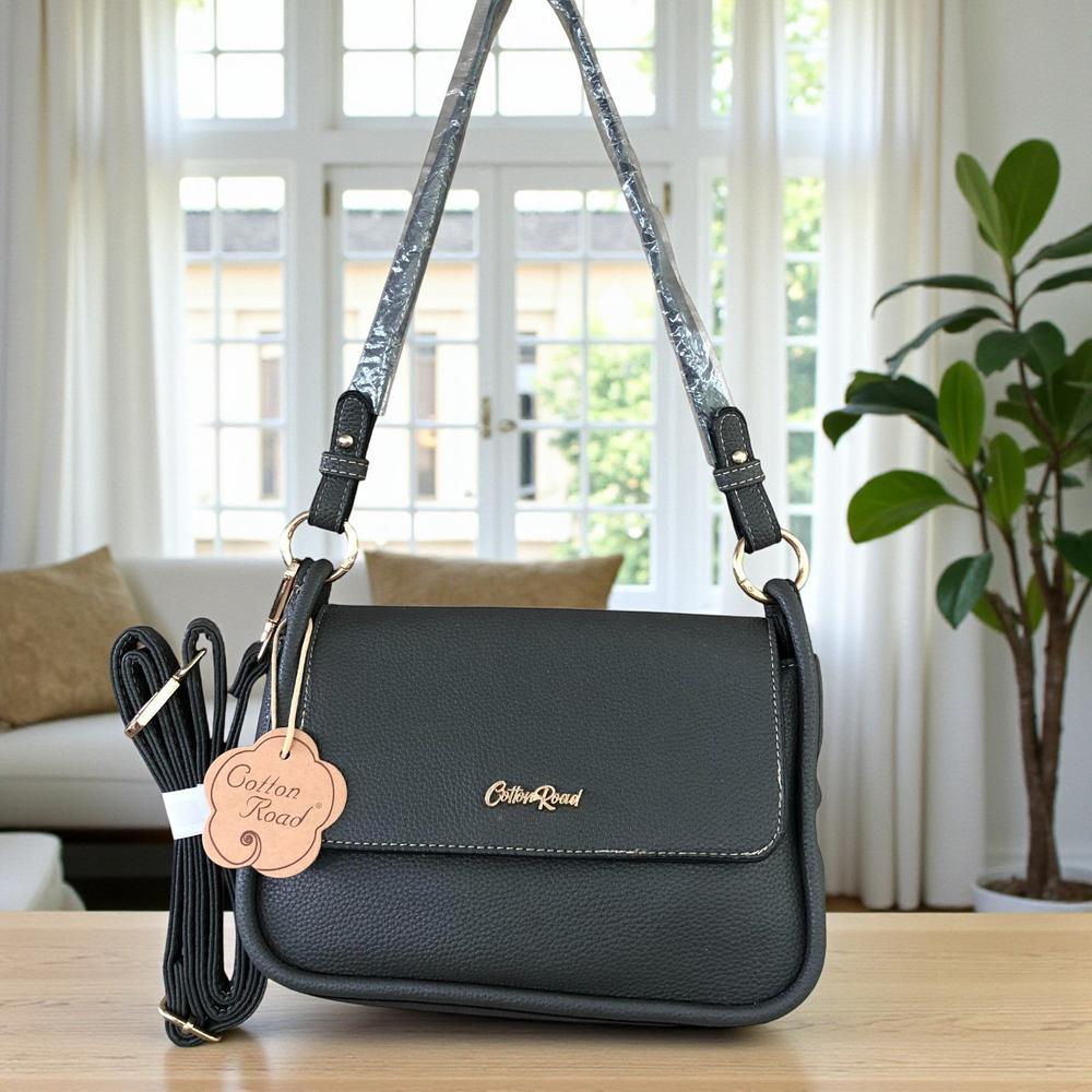 Cotton Road Sling Bag: GREY PU Leather Sling Bag with Shoulder Strap