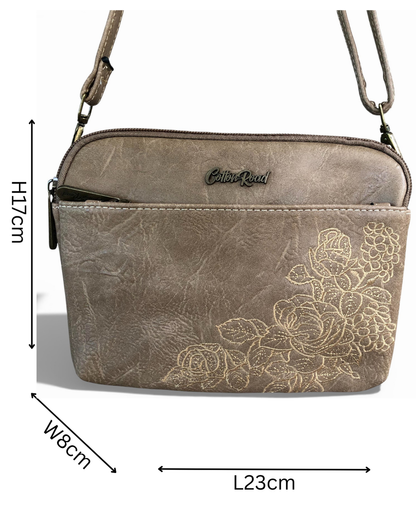 Cotton Road Sling Bag: KHAKI EMBROIDERED FLORAL PU Leather Mini Sling Bag