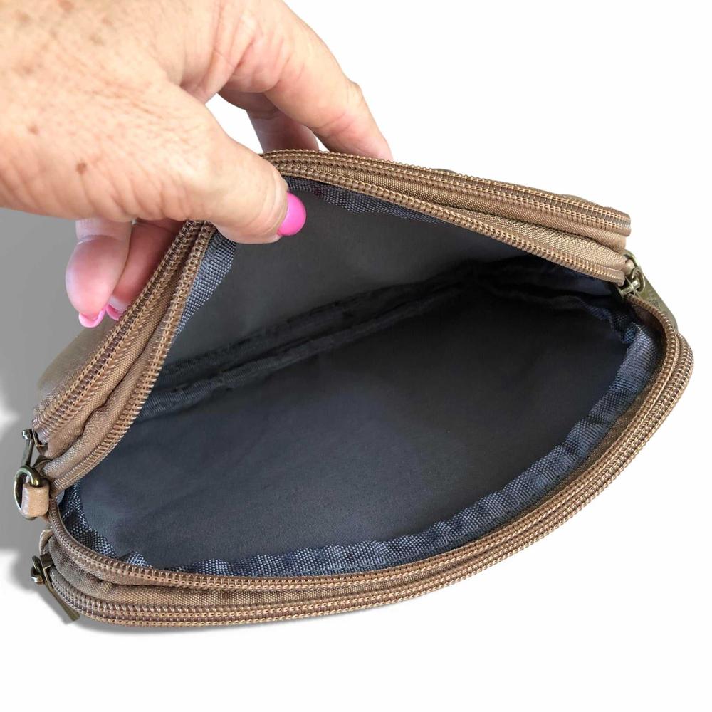 Cotton Road Sling Bag: KHAKI EMBROIDERED FLORAL PU Leather Mini Sling Bag
