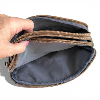 Cotton Road Sling Bag: KHAKI EMBROIDERED FLORAL PU Leather Mini Sling Bag