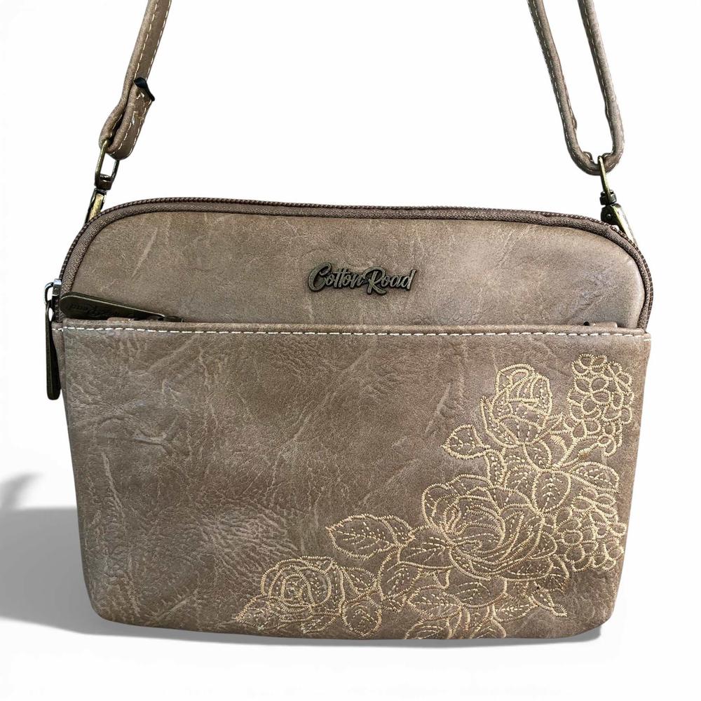 Cotton Road Sling Bag: KHAKI EMBROIDERED FLORAL PU Leather Mini Sling Bag