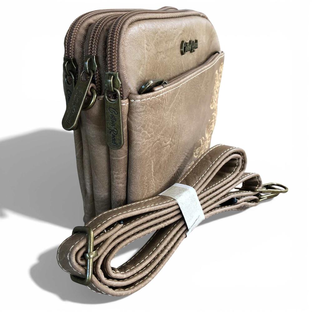 Cotton Road Sling Bag: KHAKI EMBROIDERED FLORAL PU Leather Mini Sling Bag