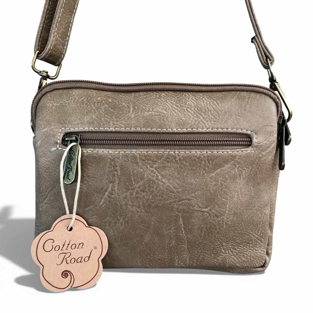 Cotton Road Sling Bag: KHAKI EMBROIDERED FLORAL PU Leather Mini Sling Bag