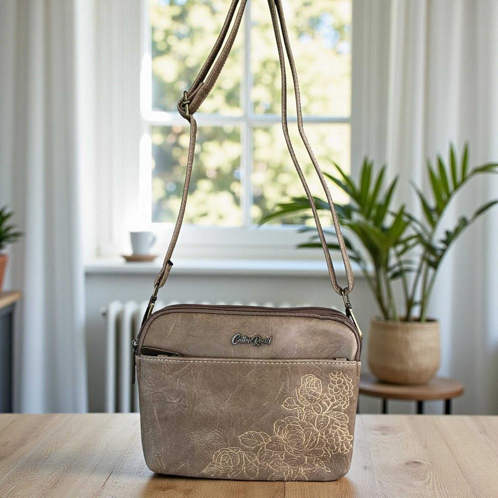 Cotton Road Sling Bag: KHAKI EMBROIDERED FLORAL PU Leather Mini Sling Bag