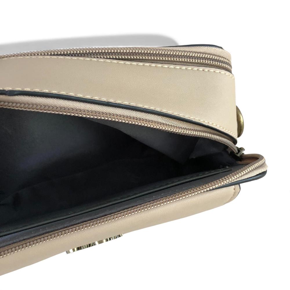 Cotton Road Sling Bag: KHAKI PU Leather Sling Bag with BRANDED STRAP