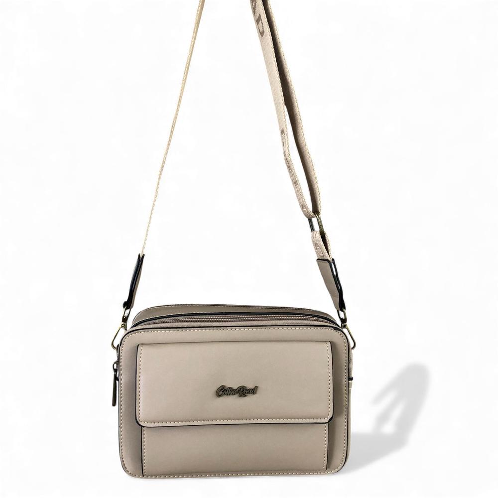 Cotton Road Sling Bag: KHAKI PU Leather Sling Bag with BRANDED STRAP