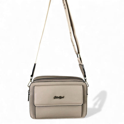 Cotton Road Sling Bag: KHAKI PU Leather Sling Bag with BRANDED STRAP