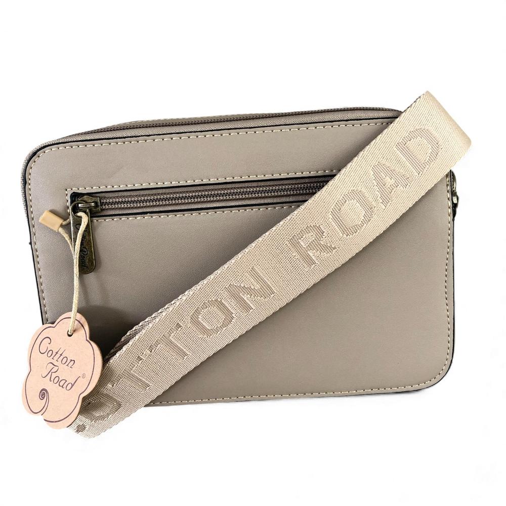 Cotton Road Sling Bag: KHAKI PU Leather Sling Bag with BRANDED STRAP