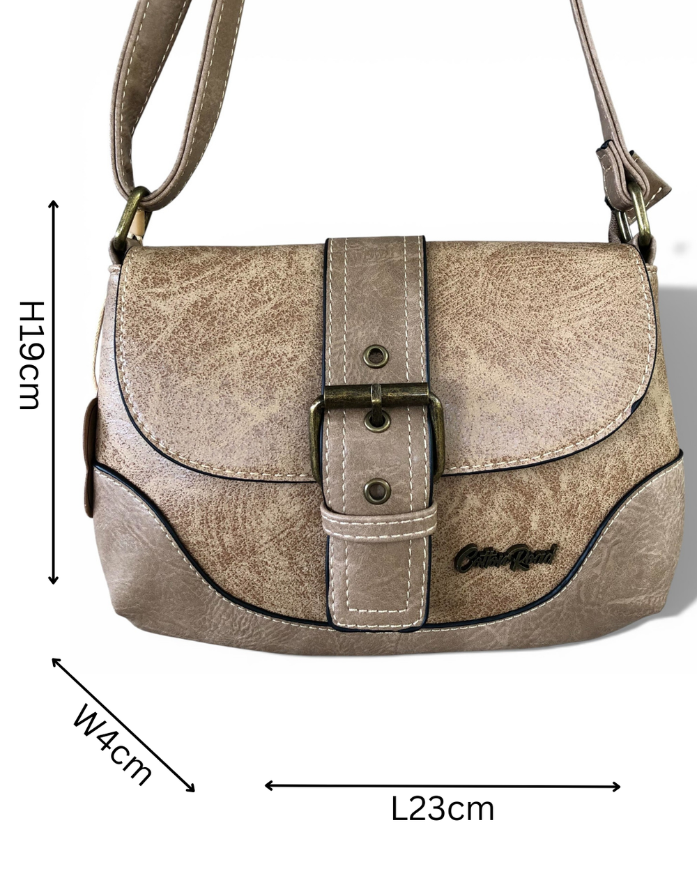 Cotton Road Sling Bag: KHAKI PU Leather Sling Bag with BUCKLE CLIP
