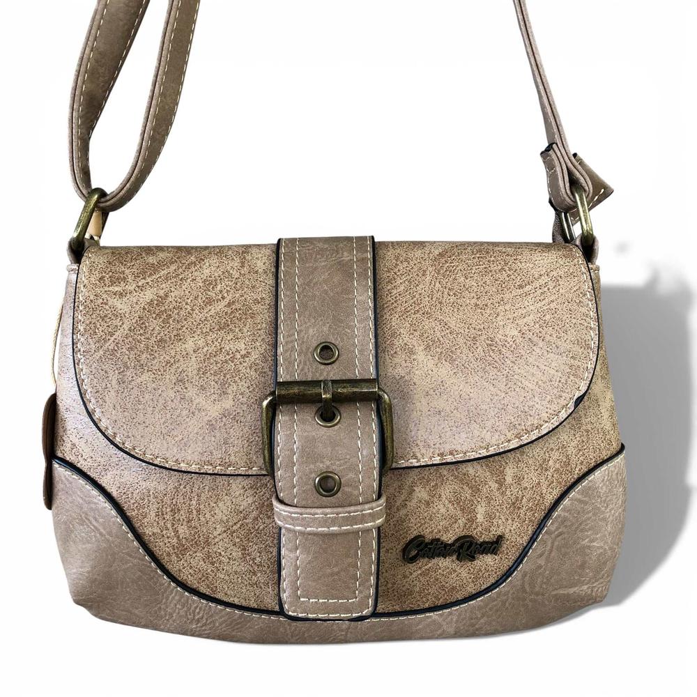 Cotton Road Sling Bag: KHAKI PU Leather Sling Bag with BUCKLE CLIP
