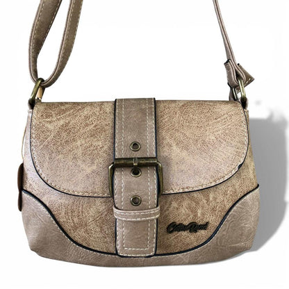 Cotton Road Sling Bag: KHAKI PU Leather Sling Bag with BUCKLE CLIP