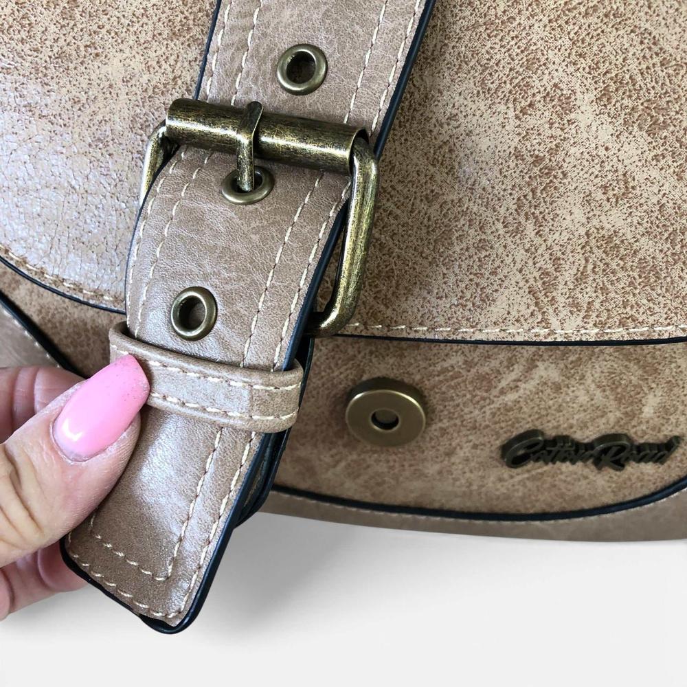 Cotton Road Sling Bag: KHAKI PU Leather Sling Bag with BUCKLE CLIP