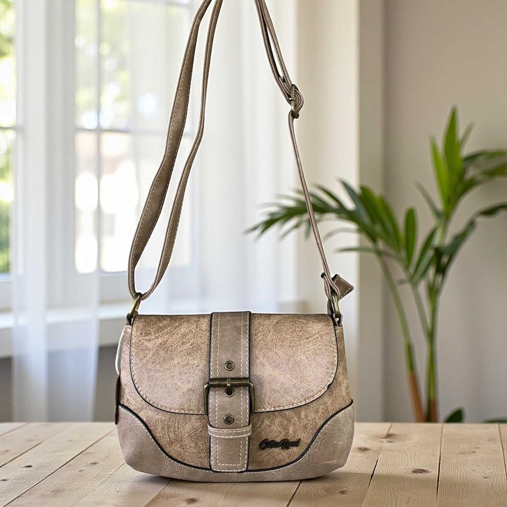 Cotton Road Sling Bag: KHAKI PU Leather Sling Bag with BUCKLE CLIP
