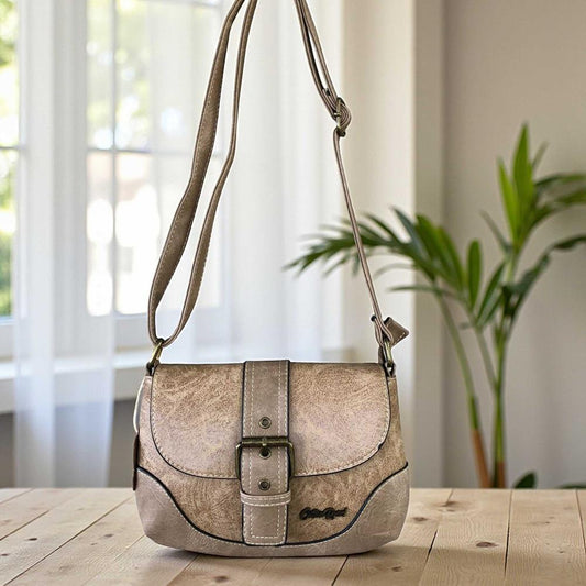 Cotton Road Sling Bag: KHAKI PU Leather Sling Bag with BUCKLE CLIP