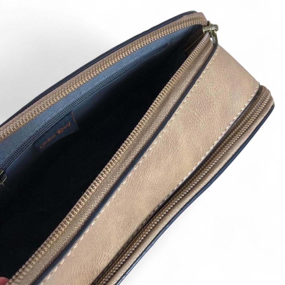 Cotton Road Sling Bag: KHAKI PU Leather Sling Bag with EMBOSSED FLOWERS