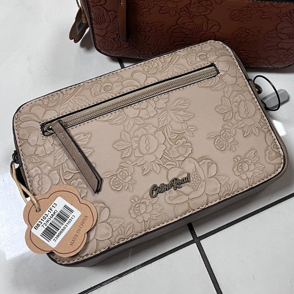 Cotton Road Sling Bag: KHAKI PU Leather Sling Bag with EMBOSSED FLOWERS