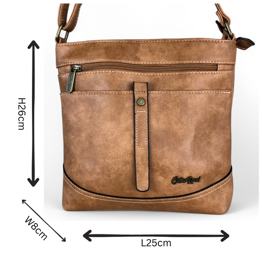 Cotton Road Sling Bag: KHAKI PU Leather Sling Bag with STRAP detailing. Size: L25cm x W8cm x H26cm