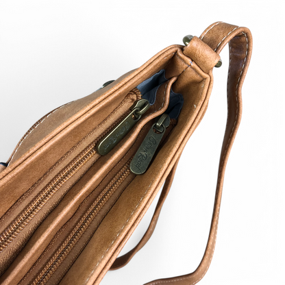 Cotton Road Sling Bag: KHAKI PU Leather Sling Bag with STRAP detailing. Two upper zip compartments 