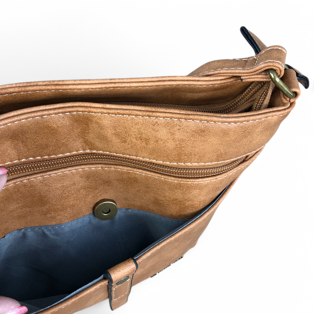 Cotton Road Sling Bag: KHAKI PU Leather Sling Bag with STRAP detailing. Two front compartments 