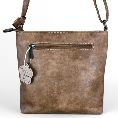 Cotton Road Sling Bag: KHAKI PU Leather Sling Bag with STRAP detailing. One back zip compartment